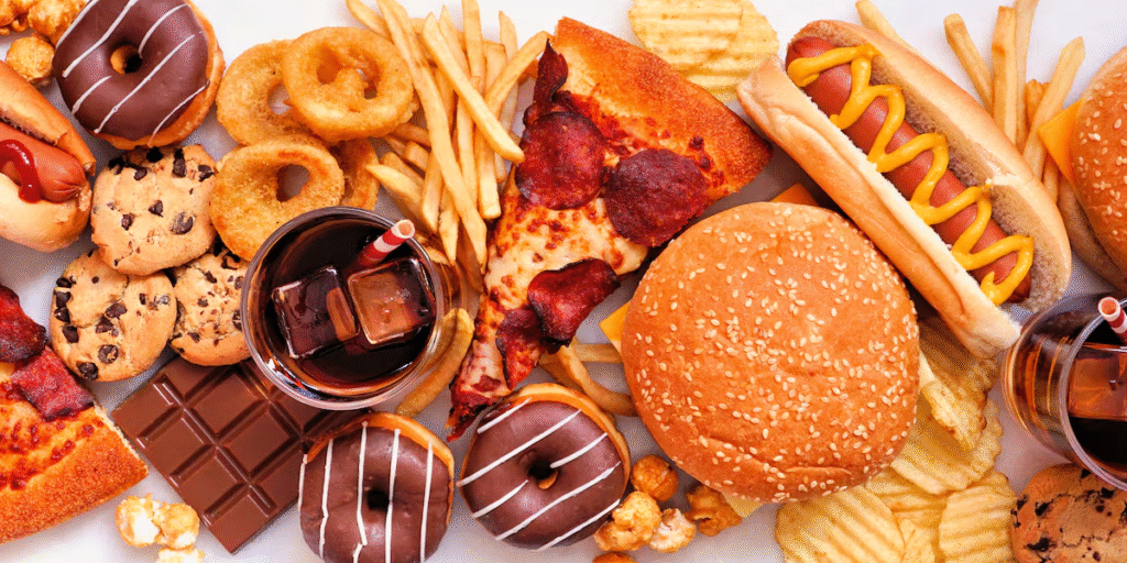 Ultra processed foods guide showing packaged meals, snacks, and healthier food choices for better nutrition